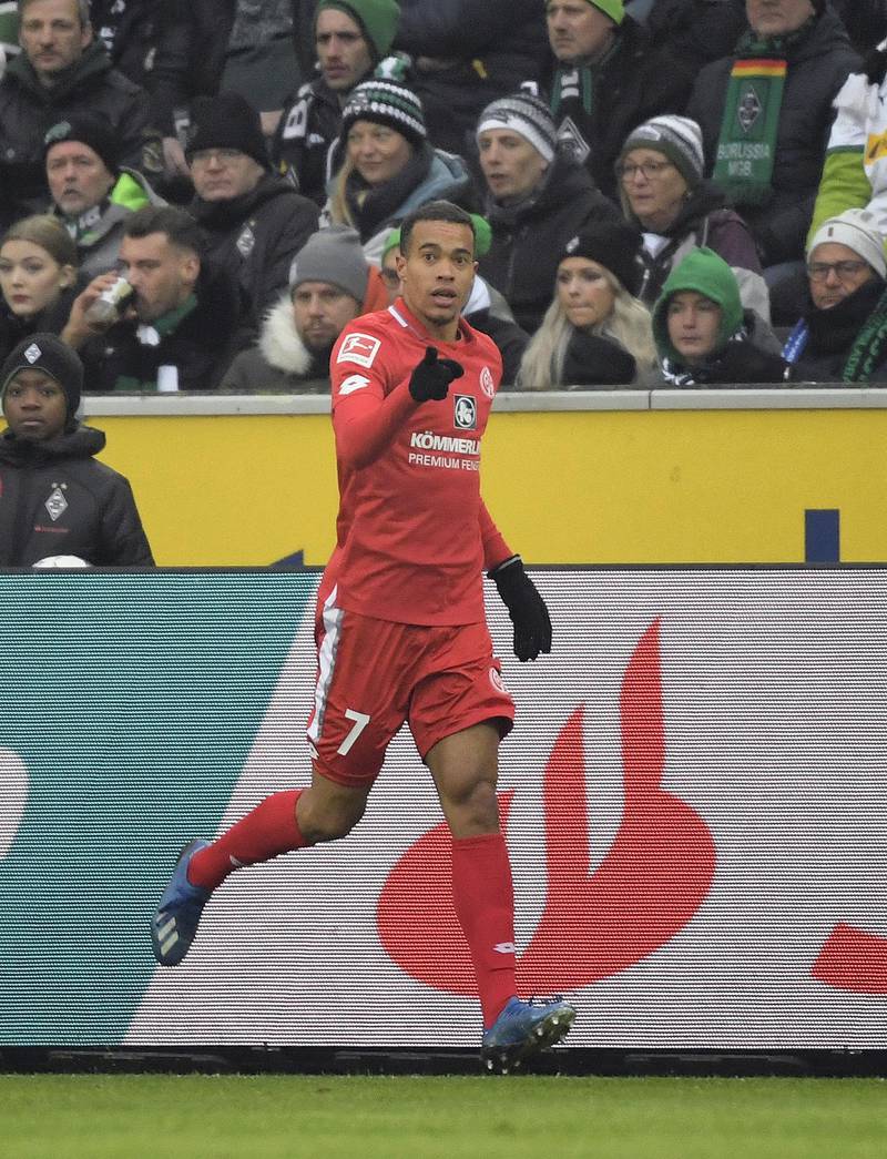 Mainz' Swedish midfielder Robin Quaison celebrates a goal during the German first division Bundesliga football match Borussia Moenchengladbach v Mainz 05 in Moenchengladbach on January 25, 2020. (Photo by INA FASSBENDER / AFP) / DFL REGULATIONS PROHIBIT ANY USE OF PHOTOGRAPHS AS IMAGE SEQUENCES AND/OR QUASI-VIDEO