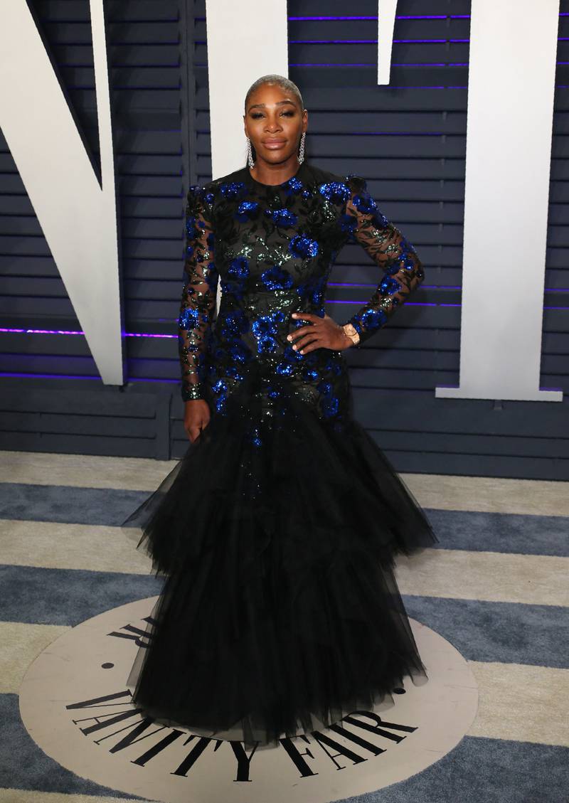 Serena Williams, in a blue and black Giambattista Valli gown, attends the 2019 Vanity Fair Oscar Party in Beverly Hills on February 24, 2019. AFP