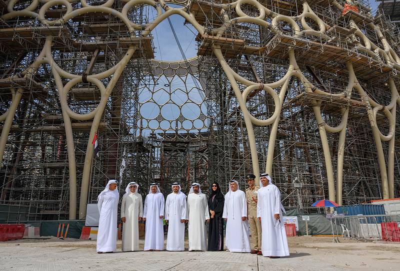 Sheikh Ahmed Al Maktoum, chairman of the Expo Dubai 2020 higher committee, and other dignitaries with the Al Wasl Plaza completed dome in the background. Photo: Expo 2020 Dubai