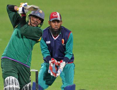Mohammed Shafiq, right, moved to the UAE from Pakistan five years ago. The 44-year-old wicketkeeper is 'still fit', says UAE coach Aaqib Javed. Pawan Singh / The National