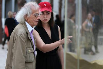 Christo and Anna Kurkova, the winner of the Christo and Jeanne-Claude Award, view Dunescape, an installation by Ms Kurkova which was unveiled at NYUAD on Wednesday. Delores Johnson / The National