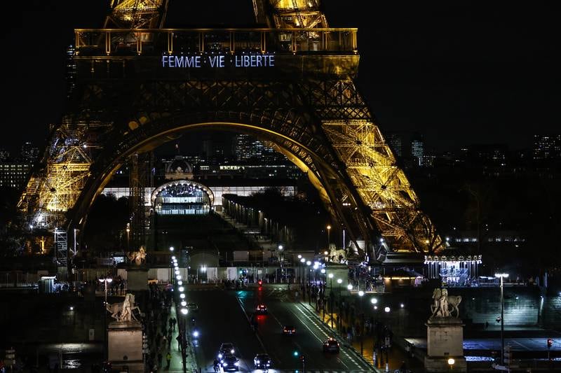 The Eiffel Tower displays the words 'Woman, Life, Freedom' in support of the Iranian people, in Paris, France, 16 January 2023. EPA