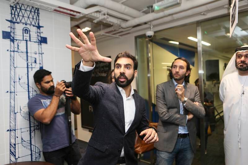 DUBAI, UAE. October 26, 2015 -  (L to R) Astrolab founding partners Muhammed Mekki  and Louis Lebbos speak during a VIP preview session at the official launch of AstroLabs Dubai, the MENA region’s only Google-partnered Tech Hub in JLT in Dubai, October 26, 2015. (Photo by: Sarah Dea/The National, Story by: Suzanne Locke/Business) *** Local Caption ***  SDEA261015-astrolabs12.JPG