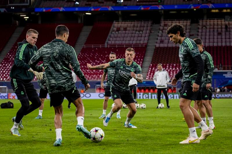 Real Madrid's players take part in a training session in Leipzig, Germany, 24 October 2022.  Real Madrid will face RB Leipzig in their UEFA Champions League Group F soccer match on 25 October.   EPA / MARTIN DIVISEK