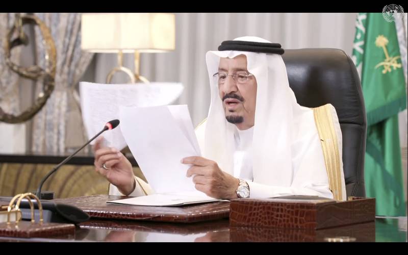 Saudi Arabia's King Salman remotely addresses the 76th session of the UN General Assembly. AP