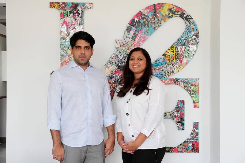 DUBAI, UNITED ARAB EMIRATES , July 19 – 2020 :- Left to Right - Ziyaad Ahmed, COO, Spotii and Anuscha Iqbal, chief executive, Spotii at their villa in the Victory Heights in Dubai Sports City in Dubai. (Pawan Singh / The National) For Business. Story by Deepthi Nair