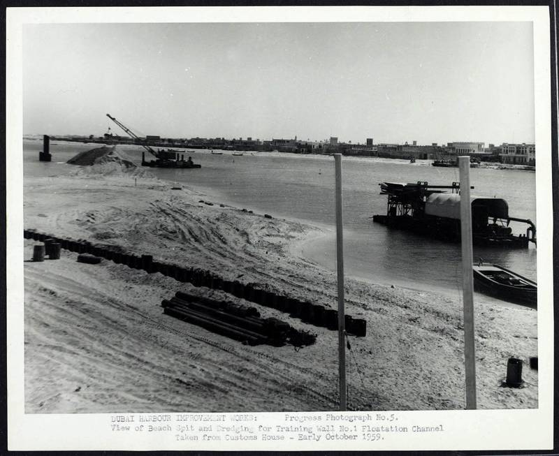 Dredgers at work in October 1959 with Deira in the background. Courtesy Arabian Gulf Digital Archive