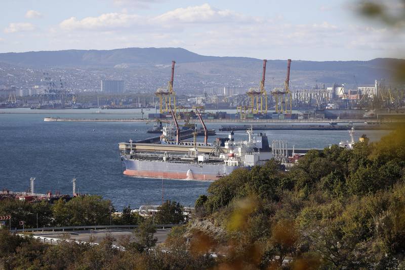 An oil tanker moored at the Russian port city of Novorossiysk. Moscow says it is confident it will find new markets. AP