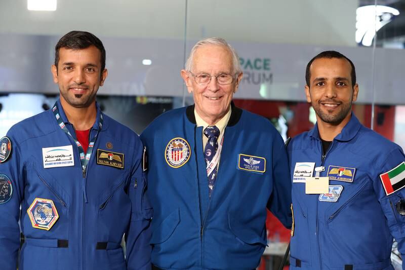 American astronaut Charles Duke, who at the age of 36 became the youngest person to walk on the Moon, meets UAE astronauts Hazza Al Mansouri, right and Sultan Al Neyadi on the second day of the Dubai Airshow. All photos: Chris Whiteoak / The National