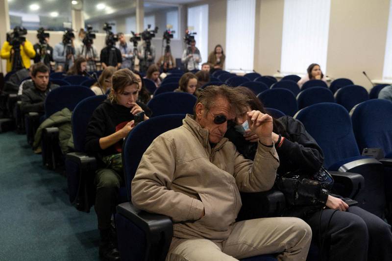 Sean Penn attends a press briefing at the Presidential Office in Kyiv, Ukraine on February 24, 2022. Reuters