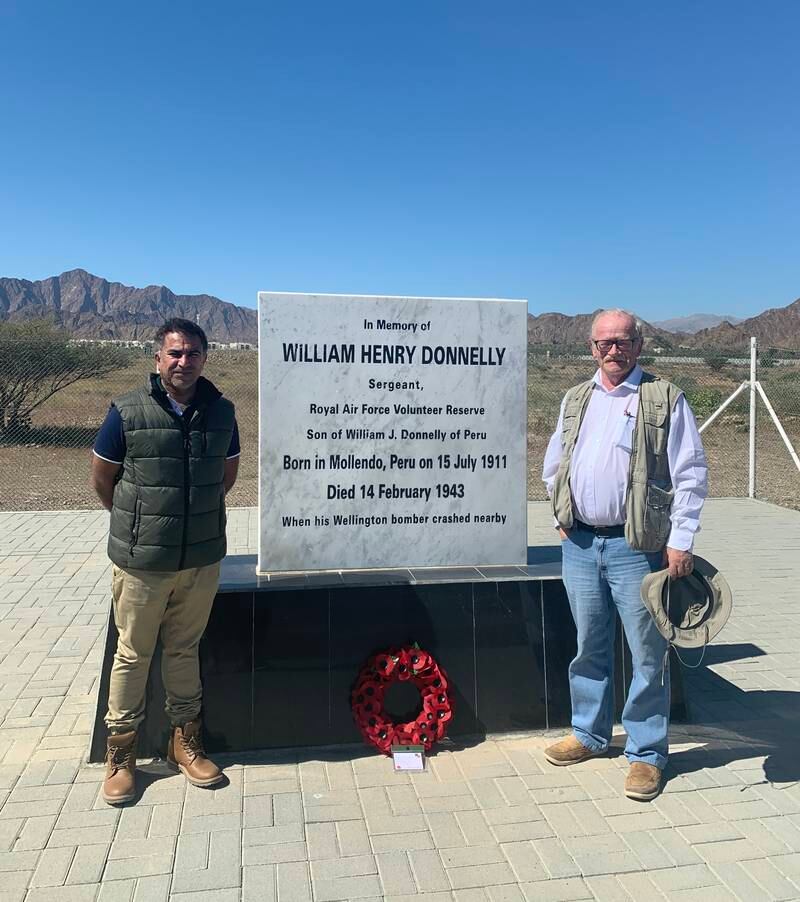 The story of the 'Luigi Galvani' was told in an article by Mr Iqbal and UAE cultural historian Peter Hellyer in the Emirates Natural History Group journal, 'Tribulus'. They are pictured at the memorial to British airman William Donnelly in Fujairah in February, 2020. Courtesy: Ali Iqbal
