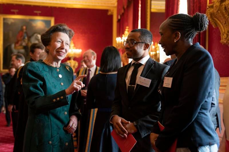 Princess Anne speaks to guests at a reception after presenting the Queen's Anniversary Prizes for higher and further education at St James's Palace in London, in 2022. 