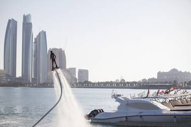 Fly-boarding performance at Volvo Ocean Race Destination Village in Abu Dhabi. Mona Al Marzooqi/ The National