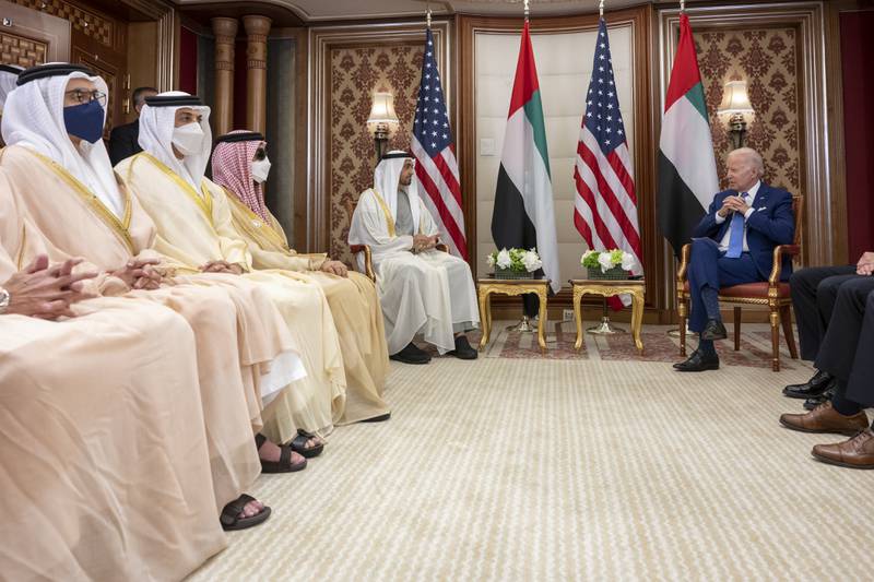 President Sheikh Mohamed meets US President Joe Biden, on the sidelines of the Jeddah Security and Development Summit. Accompanying Sheikh Mohamed are Sheikh Tahnoun bin Zayed, the UAE's National Security Adviser, Sheikh Mansour bin Zayed, Deputy Prime Minister and Minister of the Presidential Court, and Sheikh Abdullah bin Zayed, Minister of Foreign Affairs and International Co-operation.