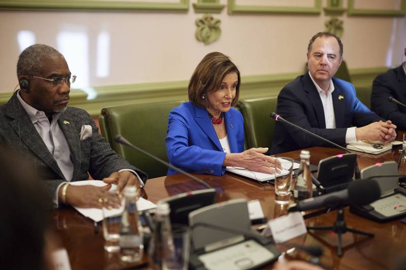 Ms Pelosi talks during her meeting with Mr Zelenskyy