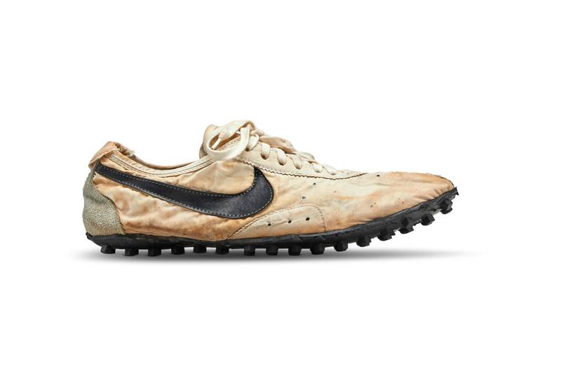 The Nike "Moon Shoe" one of only about 12 pairs of the handmade running shoe designed by Nike co-founder and legendary Oregon University track coach Bill Bowerman, is seen in this Sotheby's image released on July 11, 2019. Courtesy Sotheby's/Handout via REUTERS    ATTENTION EDITORS - THIS IMAGE HAS BEEN SUPPLIED BY A THIRD PARTY. NO RESALES. NO ARCHIVES.