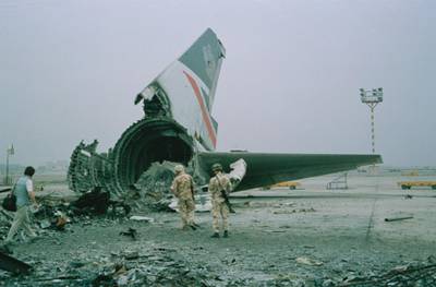 The wreckage of a British Airways Boeing 747-136 at Kuwait City airport, after BA Flight 149 was detained in Kuwait during the Gulf War, 1991.  (Photo by Colin Davey/Getty Images)
