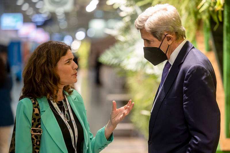US climate envoy John Kerry talks to a delegate at the Stockholm 50 climate summit. Getty