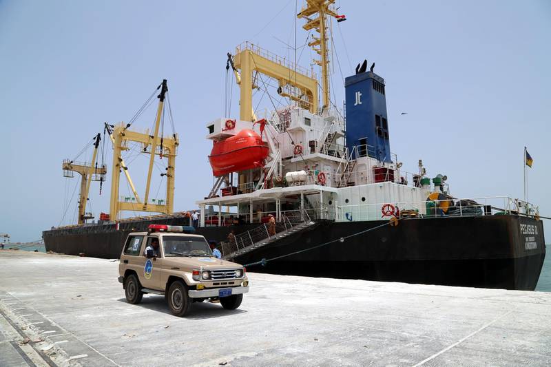 epa07567966 Members of local coast guard forces patrol at the port of Hodeidah, two days after Houthi militiamen withdrew from it, in the war-torn city of Hodeidah, Yemen, 13 May 2019. According to reports, the Houthi rebels and the Saudi-backed Yemeni government began fresh UN-sponsored talks in Jordan, two days after the Houthis began withdrawing from the ports of the western city of Hodeidah under a UN-brokered Hodeidah peace deal.  EPA/STR