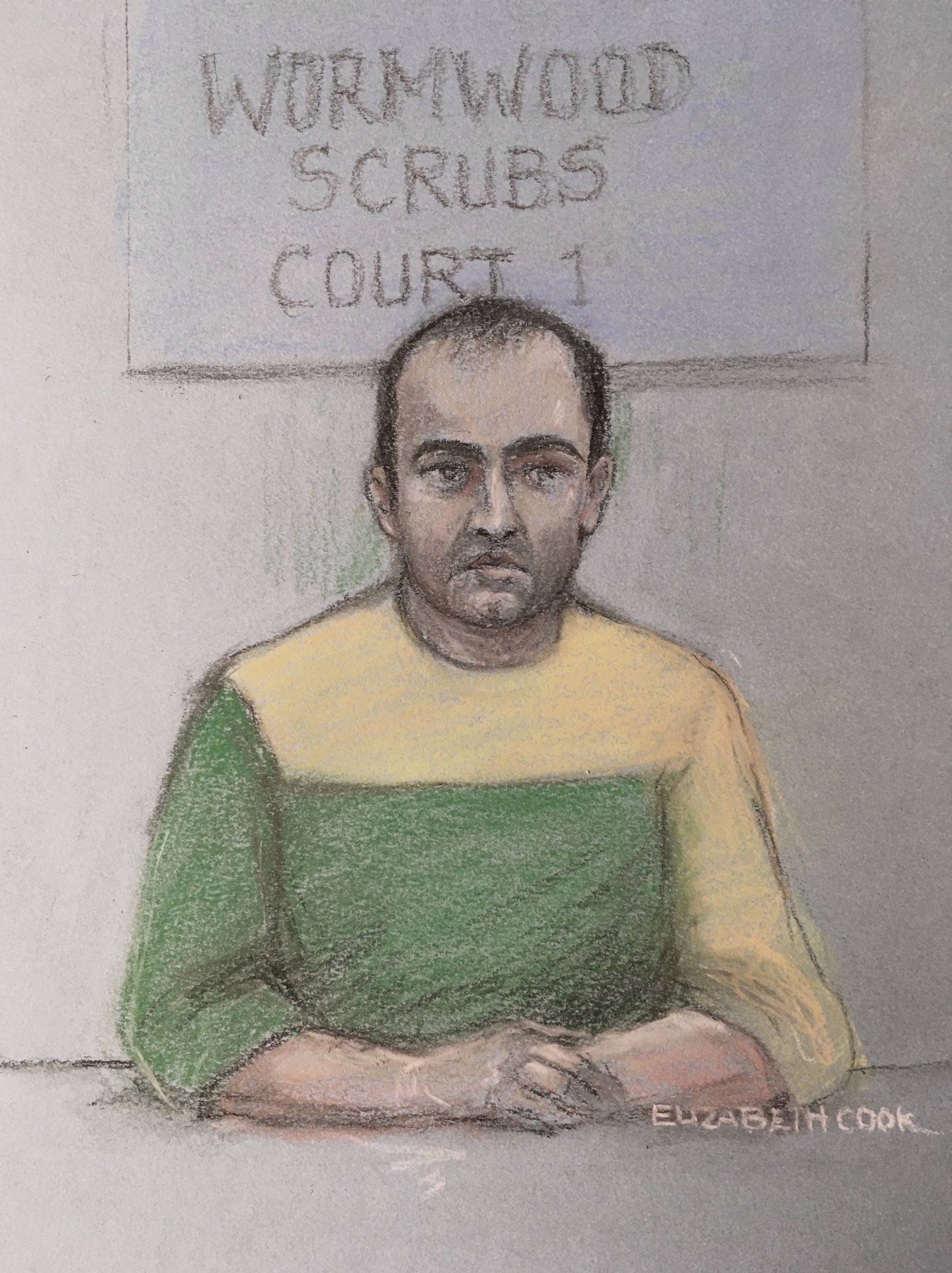 An artist's impression of Koci Selamaj appearing via video-link from Wormwood Scrubs prison. PA