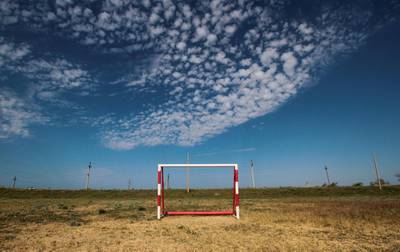 A goalpost stands in the village of Pribrezhnoye, Saksky region, Crimea. Pavel Rebrov / Reuters