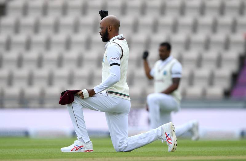 Roston Chase of the West Indies takes a knee during day one of the Southampton Test. Getty