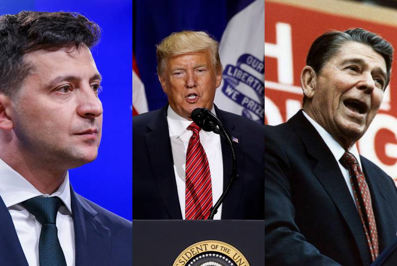 Ukrainian President Volodymyr Zelenskyy and former US presidents Donald Trump and Ronald Reagan were all screen stars before moving into politics. Photo: AP, AFP, Reuters