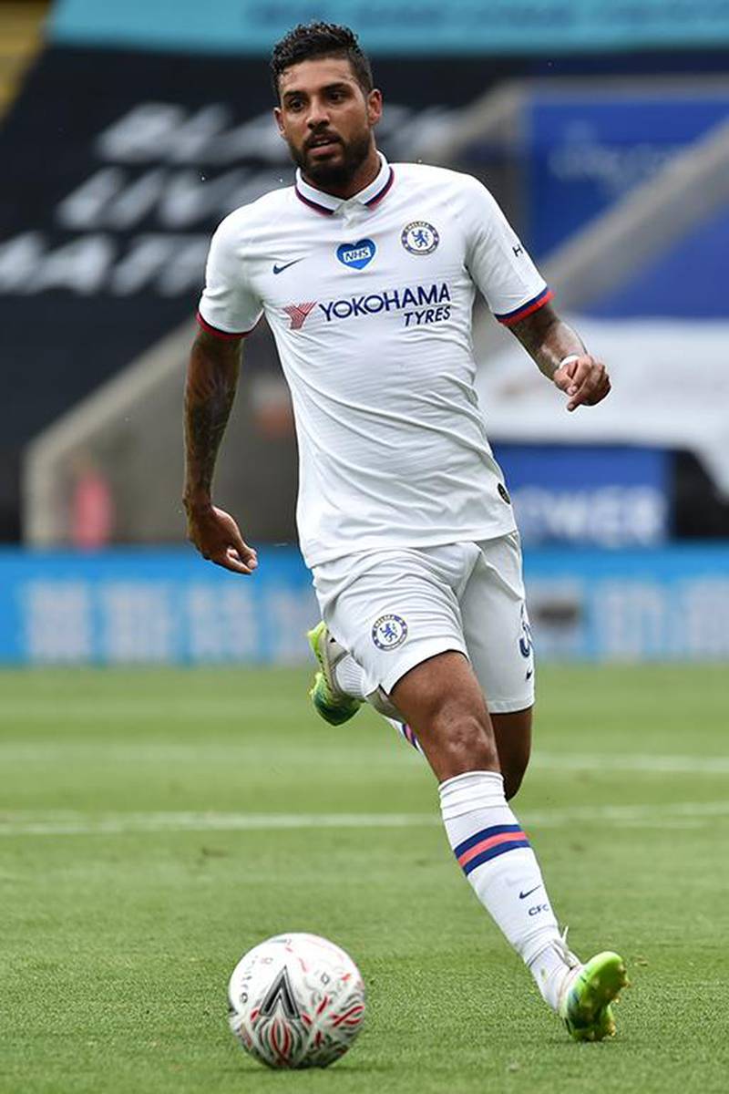 Chelsea's Brazilian-Italian defender Emerson Palmieri runs with the ball during the English FA Cup quarter-final football match between Leicester City and Chelsea at King Power Stadium in Leicester, central England on June 28, 2020. (Photo by RUI VIEIRA / POOL / AFP) / RESTRICTED TO EDITORIAL USE. No use with unauthorized audio, video, data, fixture lists, club/league logos or 'live' services. Online in-match use limited to 120 images. An additional 40 images may be used in extra time. No video emulation. Social media in-match use limited to 120 images. An additional 40 images may be used in extra time. No use in betting publications, games or single club/league/player publications. /