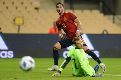 Spain's midfielder Ferran Torres scores his third goal during the UEFA Nations League match against German. AFP