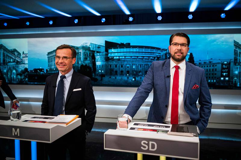 Ulf Kristersson (left), leader of Sweden's Moderate Party and Jimmie Akesson, leader of the Sweden Democrats, before a televised debate with other party leaders in Stockholm on September 9, 2022. Swedish Prime Minister Magdalena Andersson on September 14 announced that she would resign after an unprecedented right-wing and far-right bloc appeared on course to win the general election. AFP
