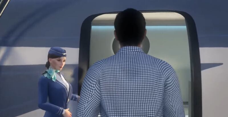 A cabin crew welcomes a passenger into the spaceplane, similar to the experience available in today's commercial aviation.