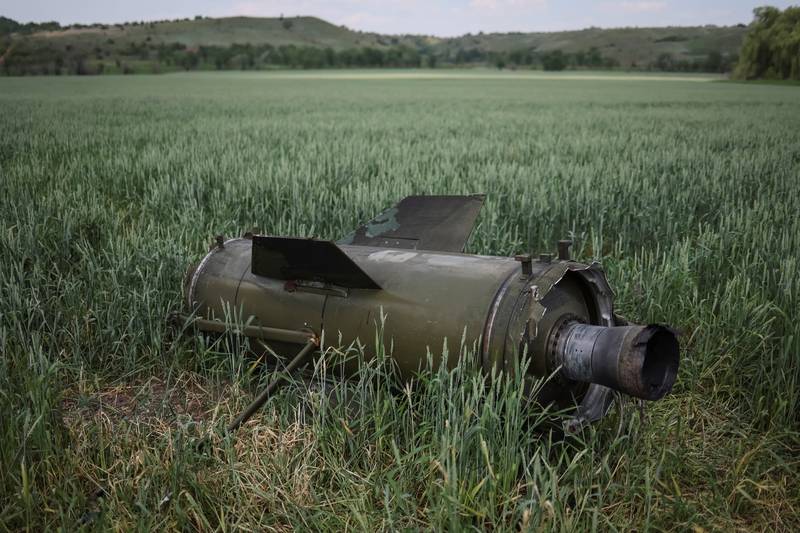 Remains of a Russian Tochka-U ballistic missile in a winter wheat field at an unspecified location. Reuters