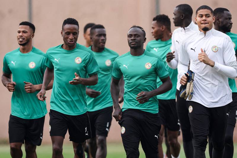 Senegal players attend a training session at the Omnisports Ahmadou Ahidjo Stadium in Yaounde. AFP