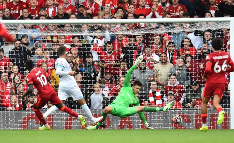 Sadio Mane scores for Liverpool at Anfield. EPA