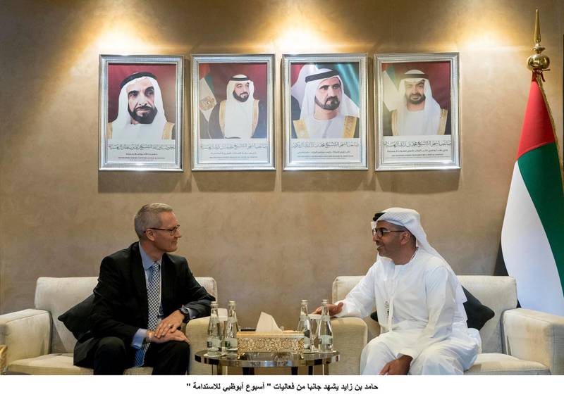 ABU DHABI, UNITED ARAB EMIRATES -January 14, 2020:  HH Sheikh Hamed bin Zayed Al Nahyan (R), meets with James Baker, CEO Graphene of The University of Manchester (L), during Abu Dhabi Sustainability Week 2020, at ADNEC.( Rashed Al Mansoori / Ministry of Presidential Affairs )---