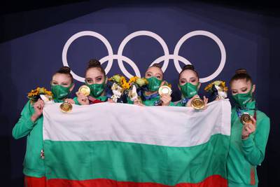 Gold medalists Team Bulgaria pose after the Group All-Around Final.