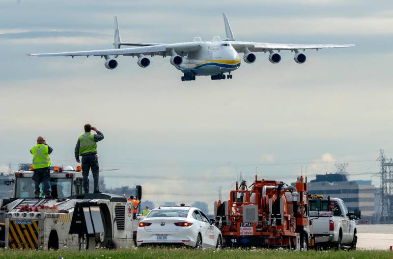 An Antonov AN225 aircraft carrying medical supplies arrives in Toronto, on Saturday, May 30, 2020. The Canadian Press via AP