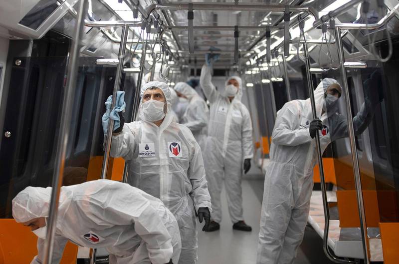 Employees of the Istanbul Municipality disinfects a train of metro to prevent the spread of the novel coronavirus COVID-19 in Istanbul, Turkey.  EPA