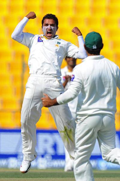 Pakistan bowler Bilawal Bhatti celebrates after dismissing Mahela Jayawardene during the first day of the first Test match in Abu Dhabi on Tuesday. Ishara S Kodikara / AFP

