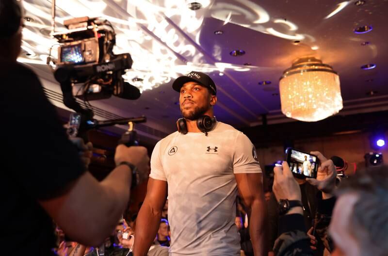 Anthony Joshua makes his entrance at the Four Seasons Hotel, Park Lane, London, on June 29 ahead of his rematch against Oleksandr Usyk in Saudi Arabia in August. Getty
