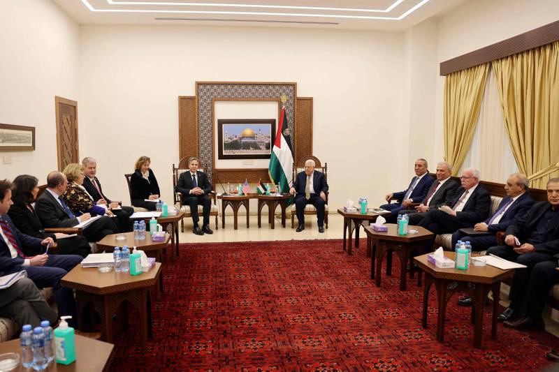 Mr Blinken, Mr Abbas and their delegations. AFP