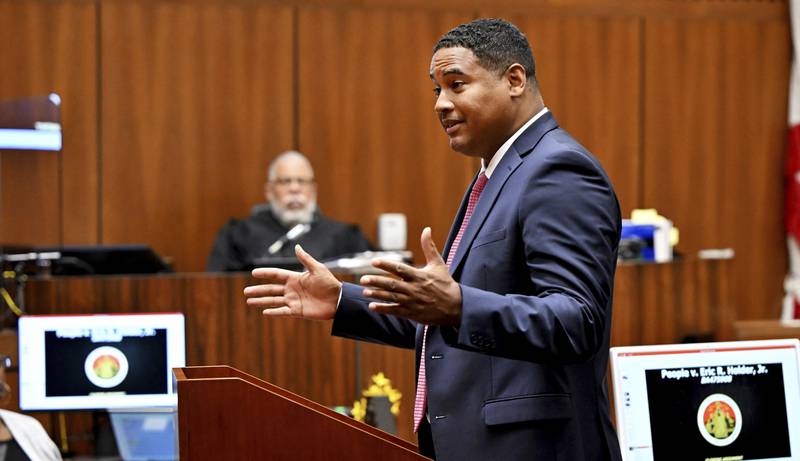 Deputy district attorney John McKinney speaks to the jury during closing arguments in the People v Eric Holder. AP