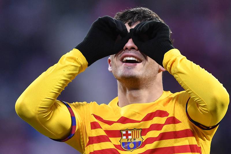 Barcelona's Spanish midfielder Pedri celebrates. AFP