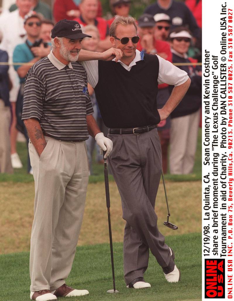 374961 05: Sean Connery and Kevin Costner share a brief moment during "The Lexus Challenge Golf Tournamnet" in aid of Charity in La Quinta, CA, December 19, 1998. (Photo by DAN CALLISTER Online USA Inc.)