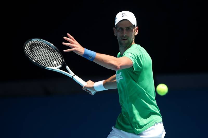 Novak Djokovic plays a forehand during a practice session. Getty