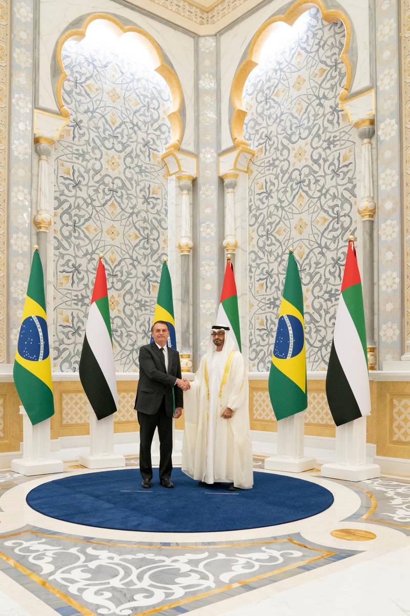 Sheikh Mohamed bin Zayed, Crown Prince of Abu Dhabi and Deputy Supreme Commander of the UAE Armed Forces, meets Jair Bolsonaro, President of Brazil, at the Presidential Palace in Abu Dhabi on Sunday. Courtesy Sheikh Mohamed bin Zayed Twitter