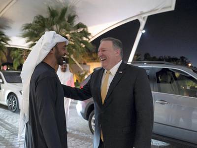 ABU DHABI, UNITED ARAB EMIRATES - January 12, 2019: HH Sheikh Mohamed bin Zayed Al Nahyan, Crown Prince of Abu Dhabi and Deputy Supreme Commander of the UAE Armed Forces (L), greets Michael Pompeo, US Secretary of State (R), upon his arrival at Al Shati Palace.

( Mohamed Al Hammadi / Ministry of Presidential Affairs )
---