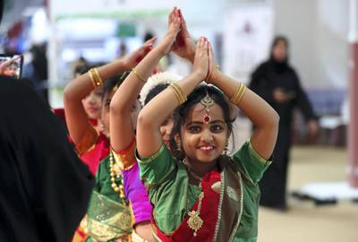ABU DHABI,  UNITED ARAB EMIRATES , April 24 – 2019 :- School students performing folk dance at the Indian Stand at the Abu Dhabi International Book Fair held at Abu Dhabi National Exhibition Centre in Abu Dhabi. ( Pawan Singh / The National ) For News/Online/Instagram. Story by Rupert