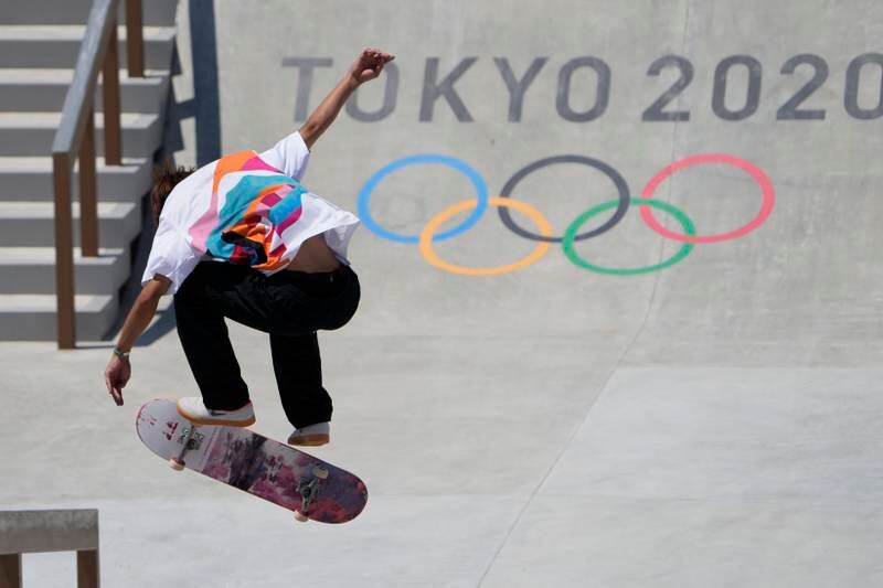 Yuto Horigome of Team Japan competes at the Skateboarding Men's Street Finals.