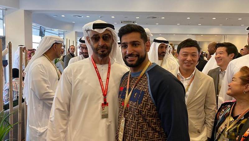 Amir Khan with Sheikh Mohamed bin Zayed, Crown Prince of Abu Dhabi and Deputy Supreme Commander of the Armed Forces, in December 2019. The boxer hinted at 'big things happening in Abu Dhabi'. Instagram / Amir Khan